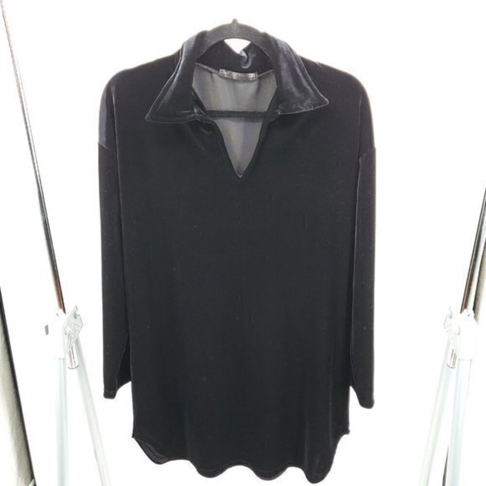 VTG Y2K Central Park West Polo Neck Relaxed Fit Stretch Velvet Tunic M Black